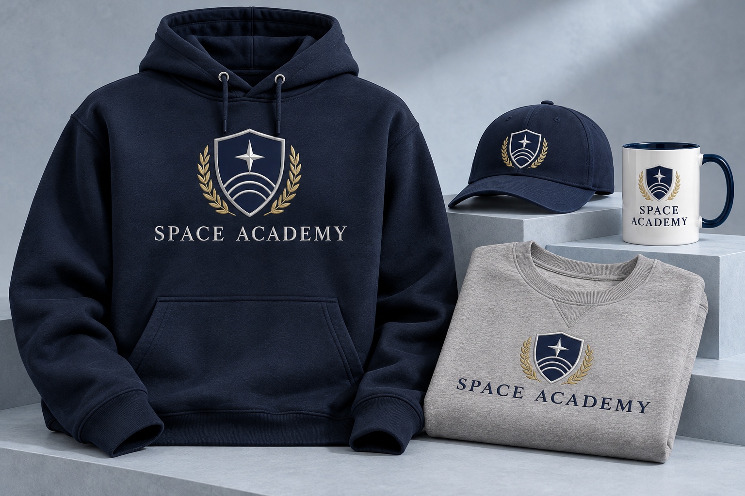 Illustrative academy crest hoodie, crewneck, cap and mug collection