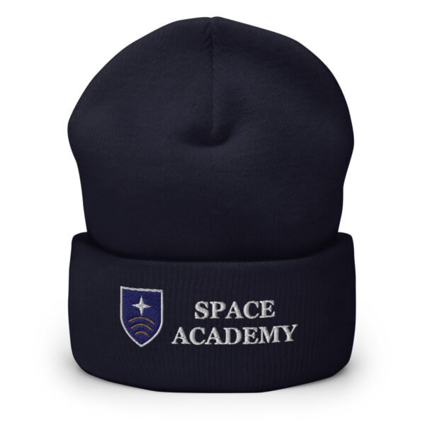 Academy Crest Beanie in Navy — Printful product mockup