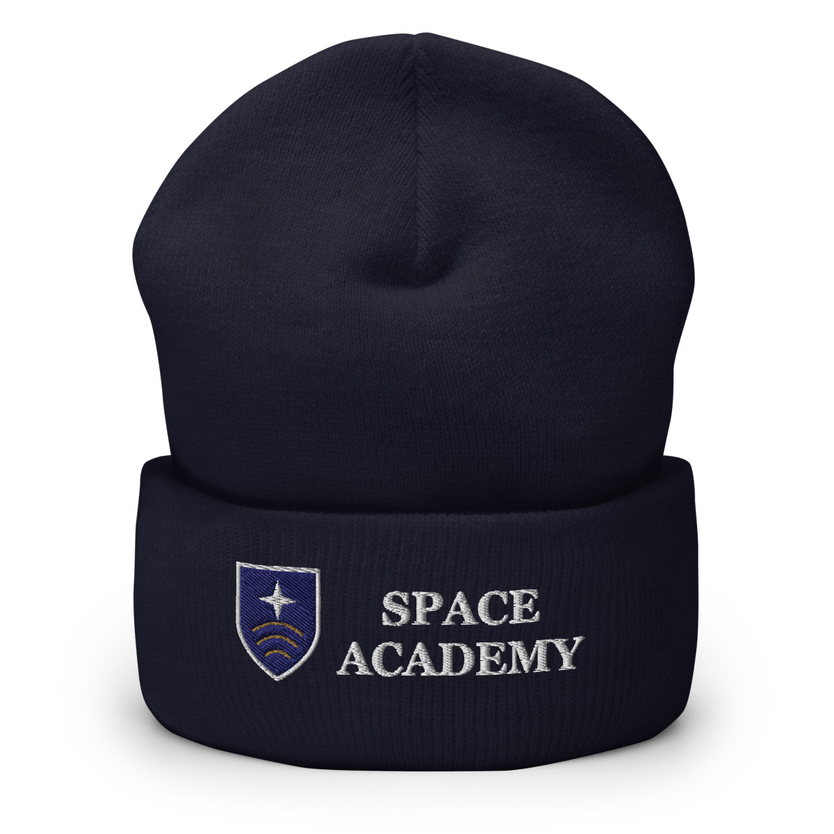Academy Crest Beanie in Navy — Printful product mockup